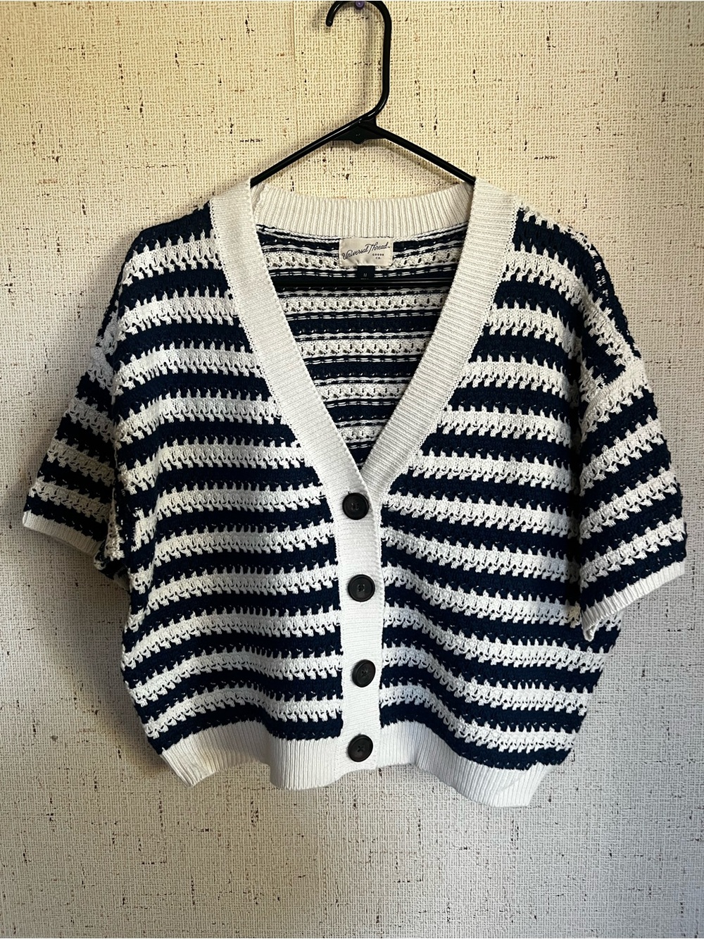 Universal Thread Navy and White Striped Short-Sleeve Button Cardigan